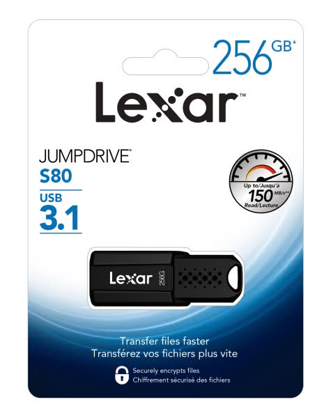 Lexar® JumpDrive® S80 USB 3.1 Flash Drive, 256GB, Black, LJDS80-256BNBNU