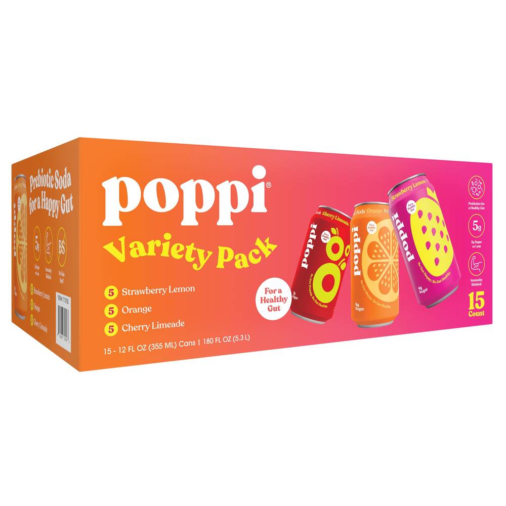Poppi Prebiotic Soda, Variety Pack, 12 fl oz, 15-count
