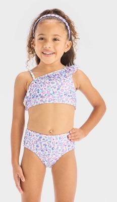 Baby Girls' Leopard Spot Printed One Shoulder Ruffle Bikini Set - Cat & Jack™ Purple 18M: UPF 50+, Recycled Materials