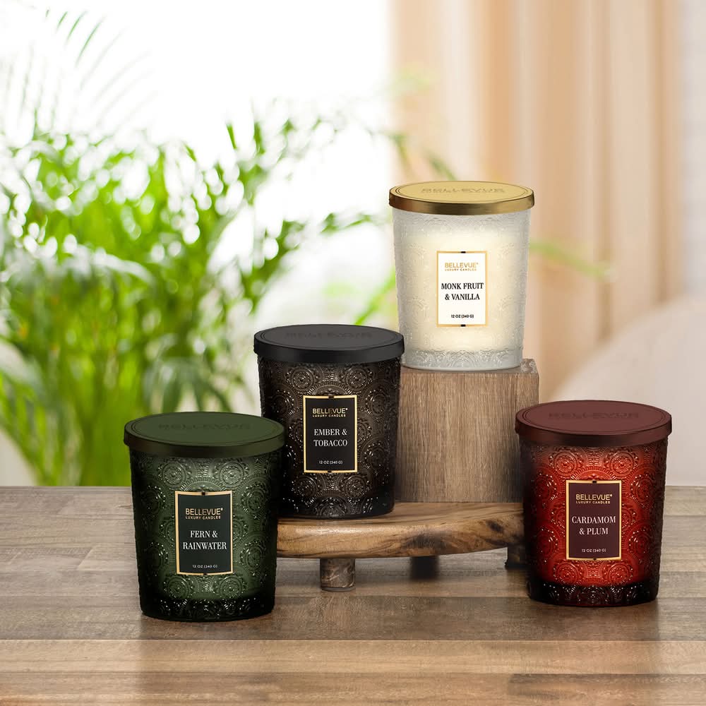 Bellevue Embossed Glass Candles Variety pack, Cardamom & Plum-Fern & Rain  Water-Monk Fruit & Vanilla-Ember & Tobacco (4 x 12 oz)