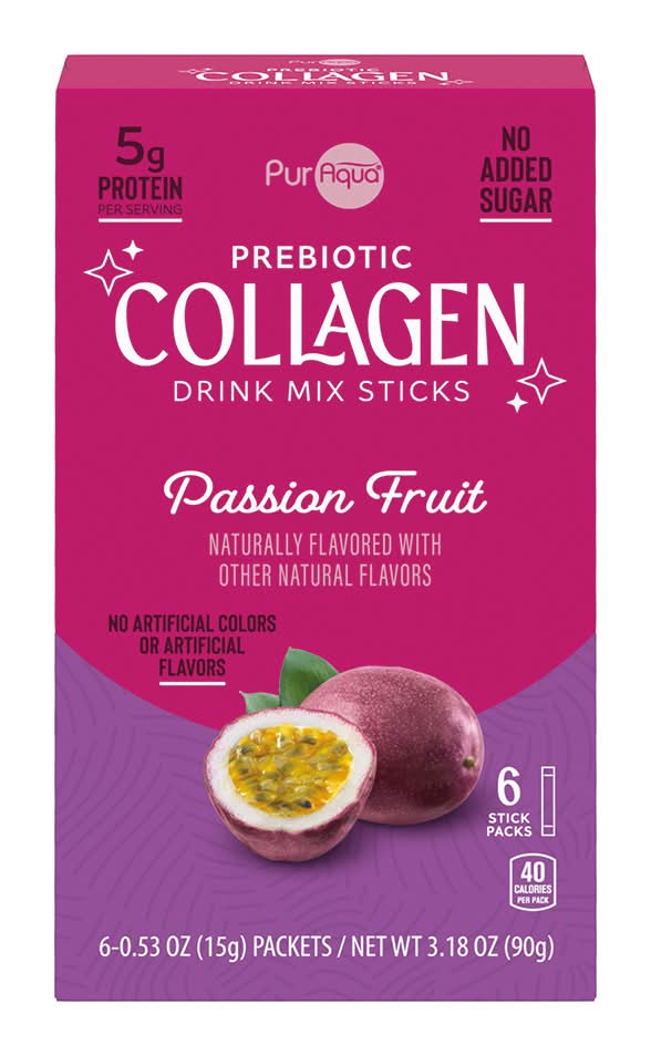 PurAqua Passion Fruit Prebiotic Collagen Drink Mix Sticks, 6 Count