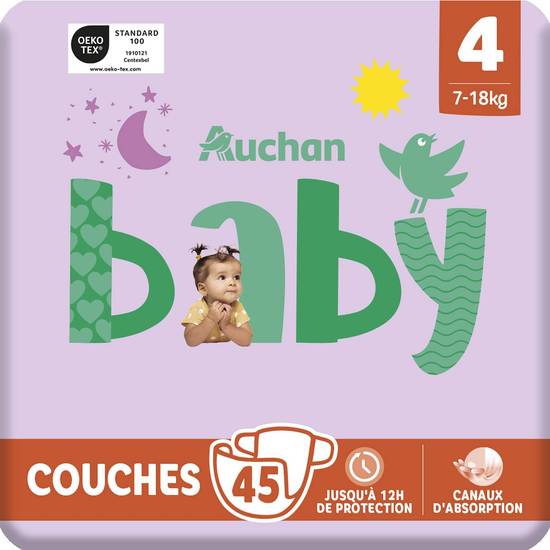 Couches taille 4 (7-18kg) AUCHAN BABY 45 couches