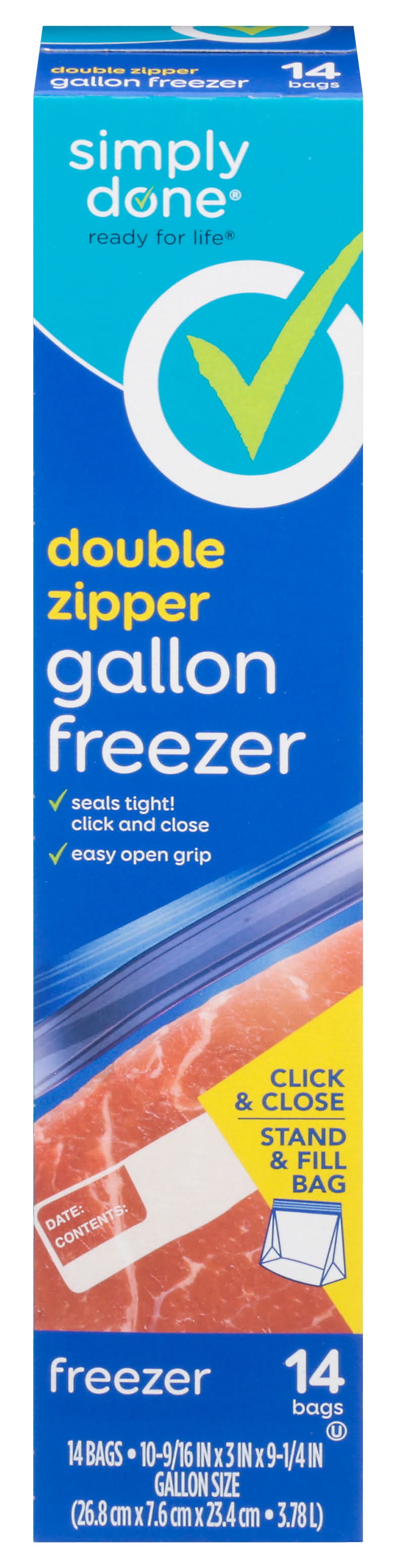 Simply Done Double Zipper Gallon Freezer Bags, 10-9/16 IN x3 IN x 9-1/4 IN (14 ct)
