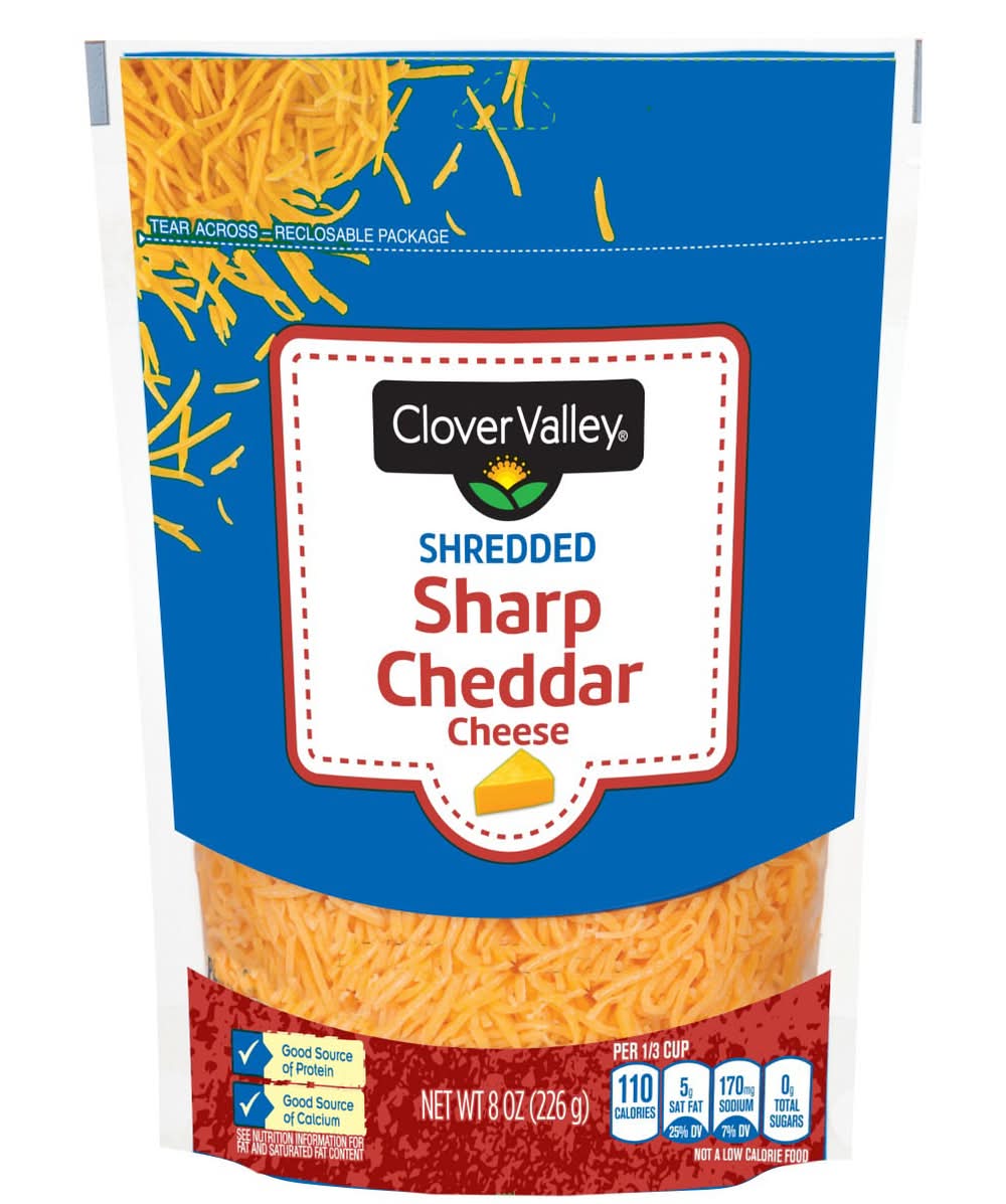 Clover Valley Shredded Cheese, Sharp Cheddar (8 oz)