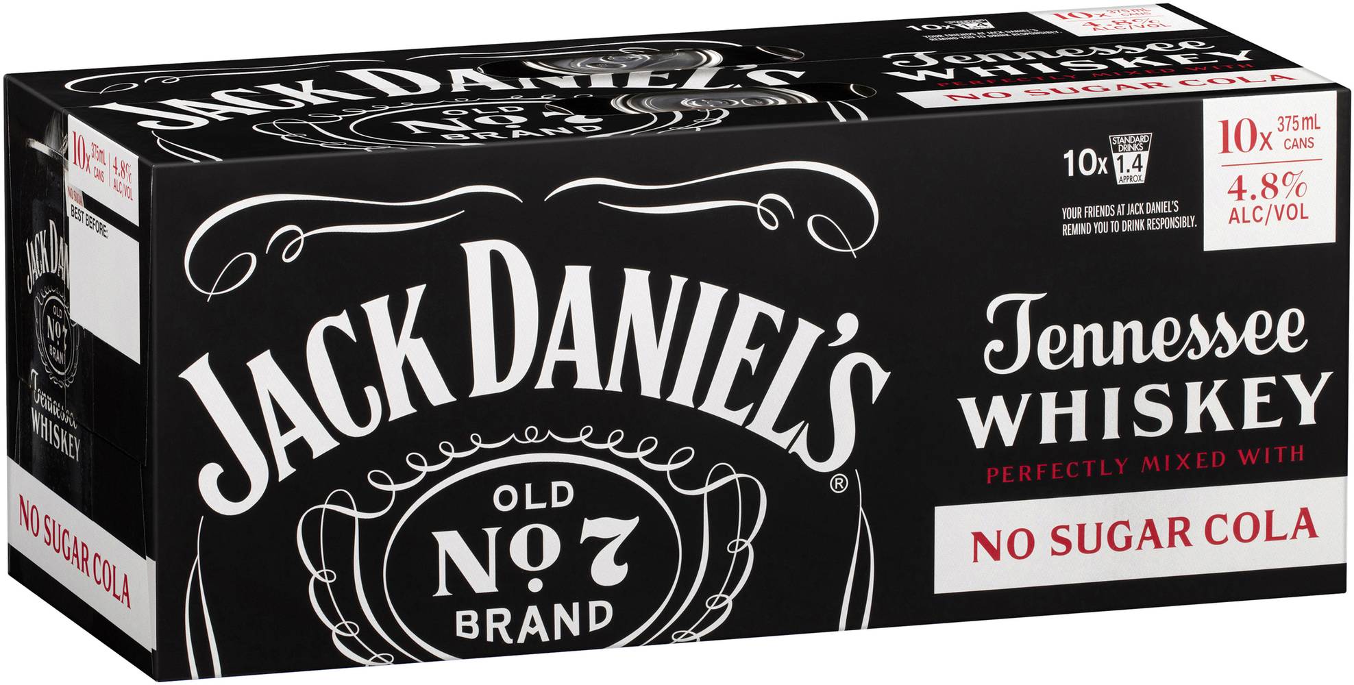 Jack Daniels & No Sugar Cola Can  375mL X 10 Pack