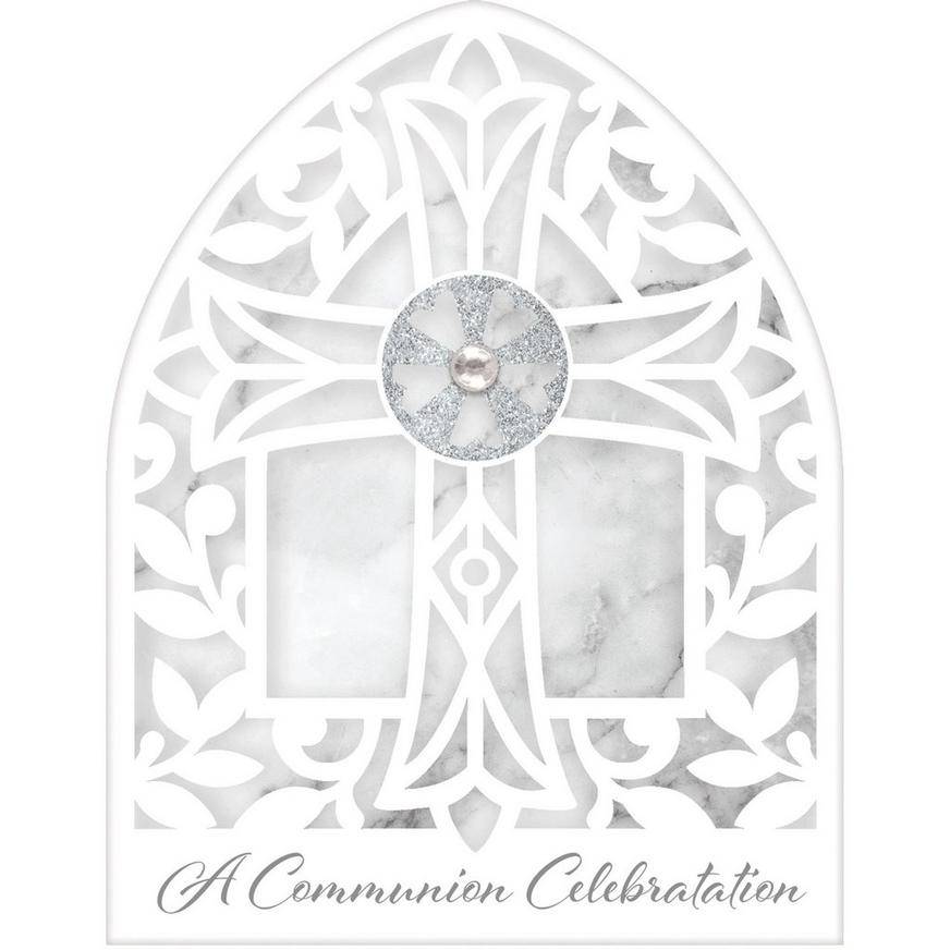 White Gray Marble First Communion Invitations 8ct