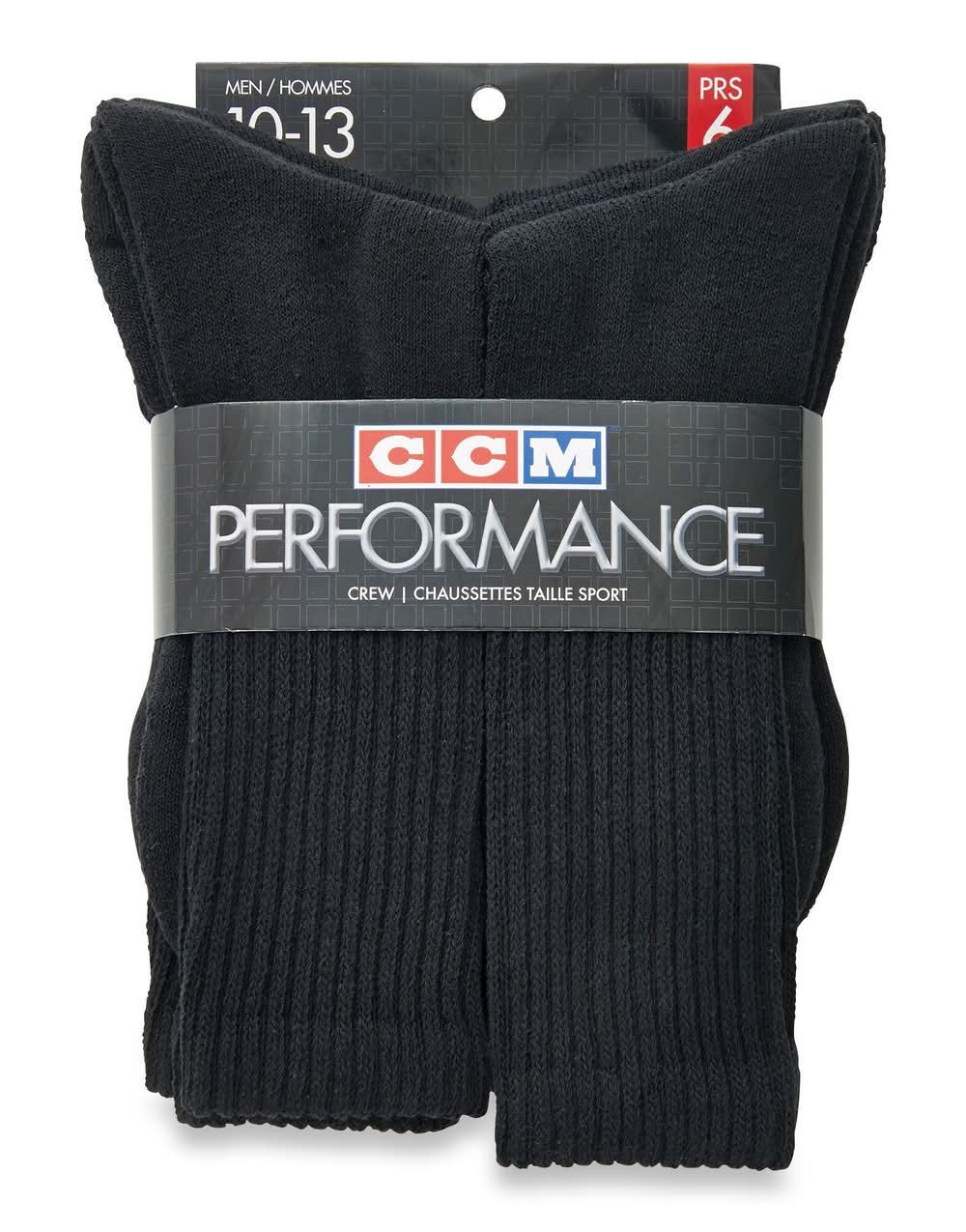 CCM Men's Performance Sport Crew Socks, Size 10-13, Black (6 ct)