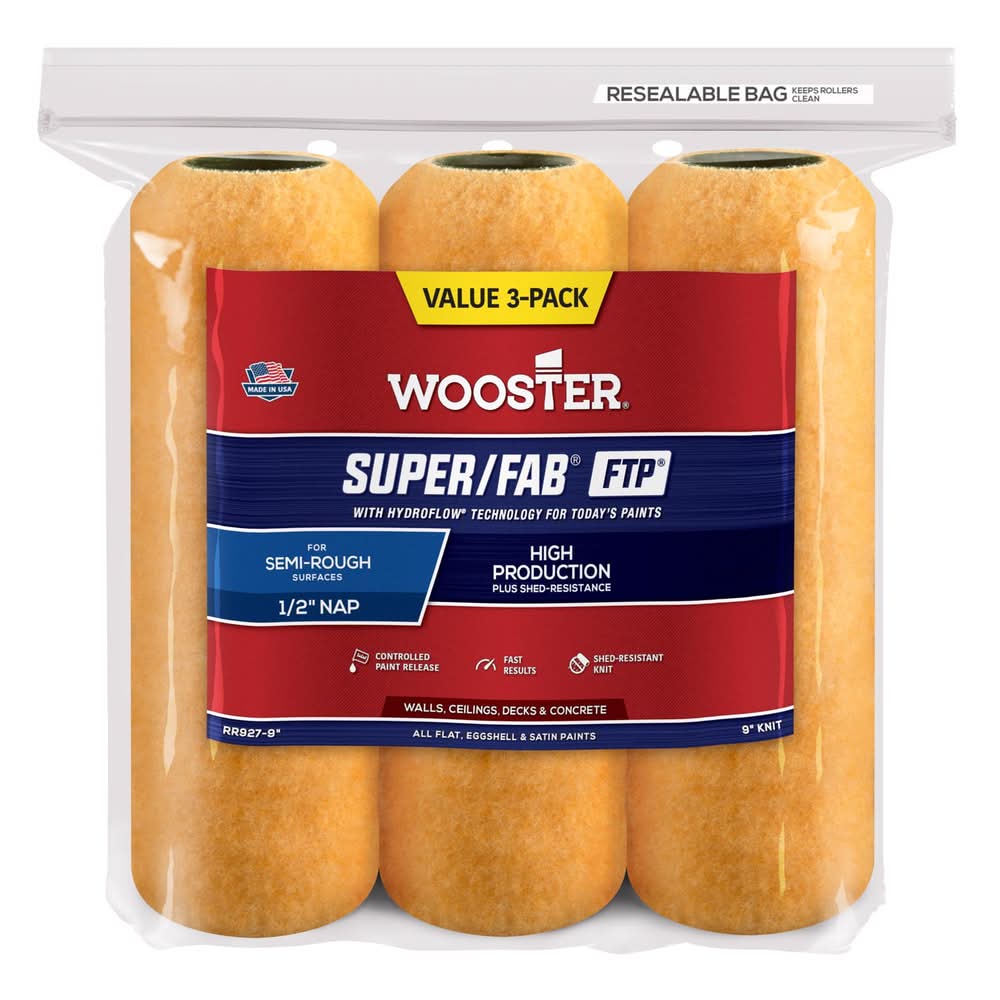 Wooster Super/Fab Synthetic Blend 9 In. W X 1/2 In. Paint Roller Cover 3 Pk