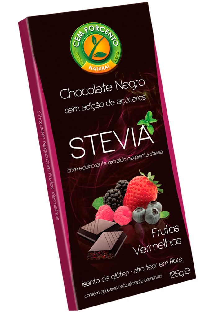 Cemporcento - Stevia chocolate negro com frutos vermelhos, 125g