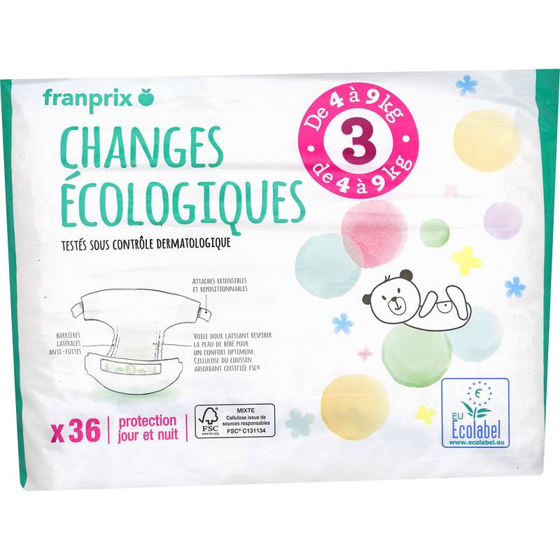 Franprix - Couches écologiques de 4 à 9 kg bio, Taille 3 (36)