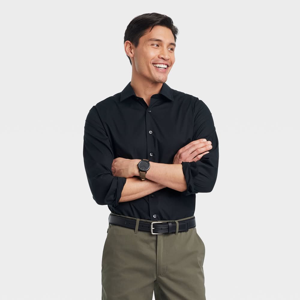 Goodfellow & Co. Performance Long Sleeve Button-Down Dress Shirt, Men, L, Black