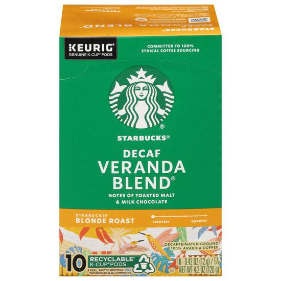 Starbucks Keurig Blonde Roast Arabica Blend Coffee K-Cup Pods (10 ct,0.42 oz) (decaf veranda)