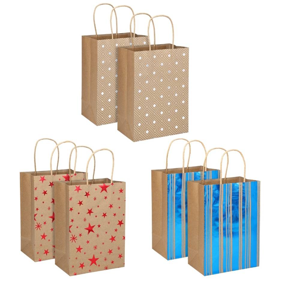 Kraft Paper Printed Gift Bags, M, Assorted (6 ct)