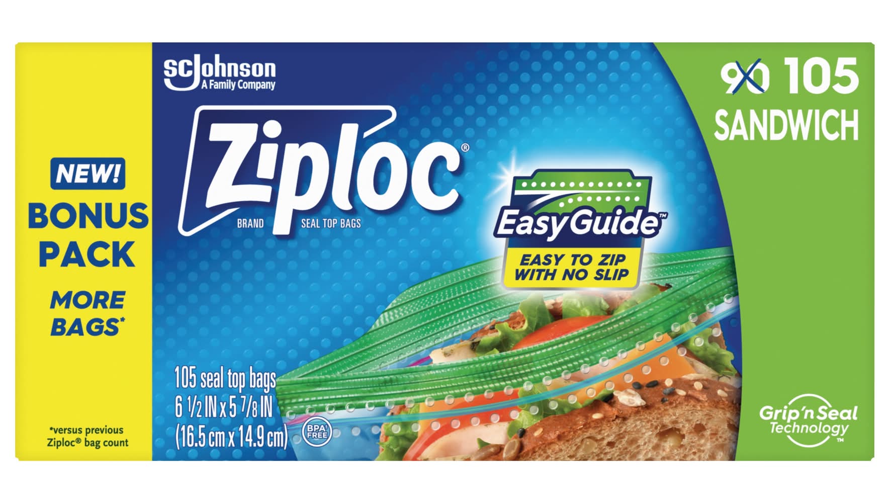 Ziploc Sandwich Seal Top Bags, 6.5 in x 5.88 in (90 ct)