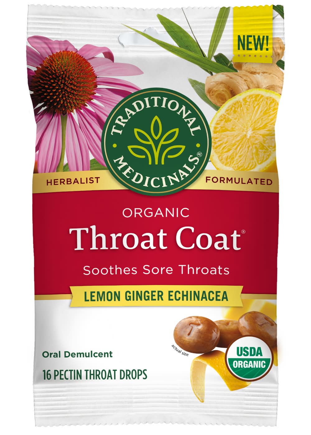 Traditional Medicinals Throat Coat Drops, Lemon Ginger Echinacea