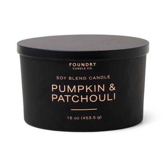 Foundry Candle Black Matte Glass With Black Metal Lid and Copper Foil Decal Pumpkin & Patchouli