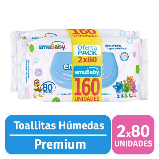 Emuwipes - Pack toallas húmedas premium - 2 bolsas x 80 u c/u