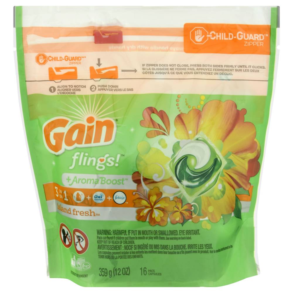 Gain 3 in 1 Flings! Laundry Detergent +Aroma Boost Island Fresh (16 ct)