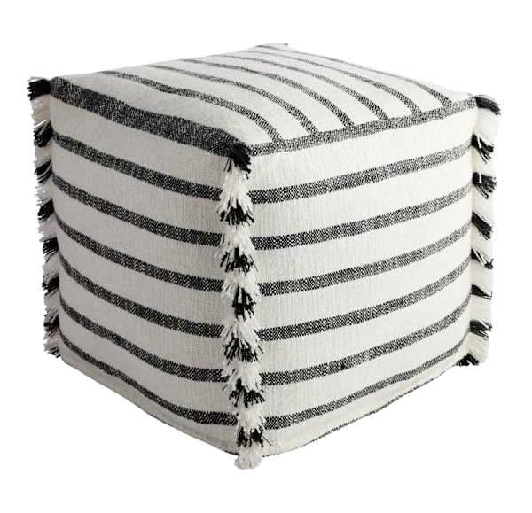 Black & White Outdoor Pouf with Fringe, 18"