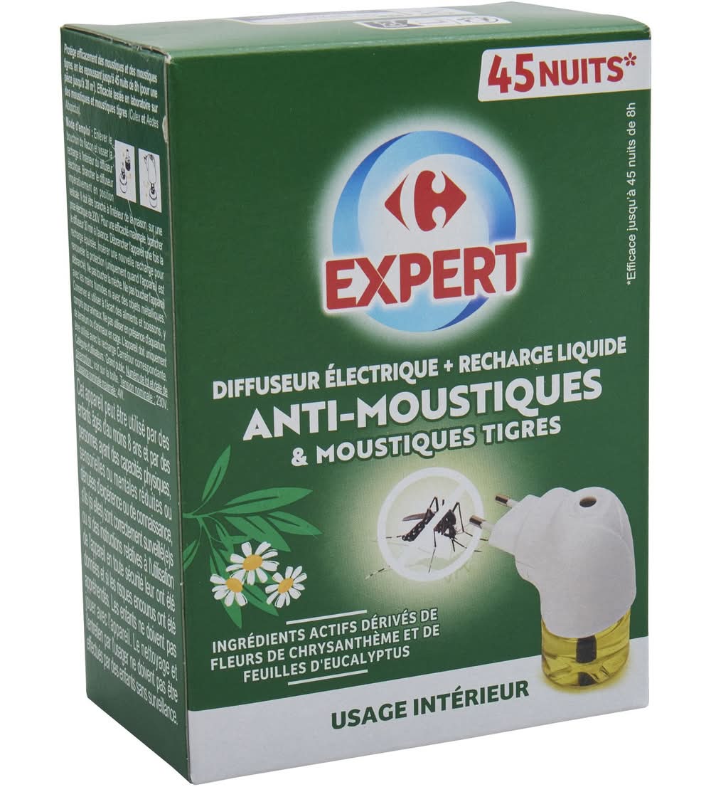 Carrefour Expert - Diffuseur anti moustiques électrique avec recharge 45 nuits, fleurs de chrysanthème-feuilles d’eucalyptus (30ml)