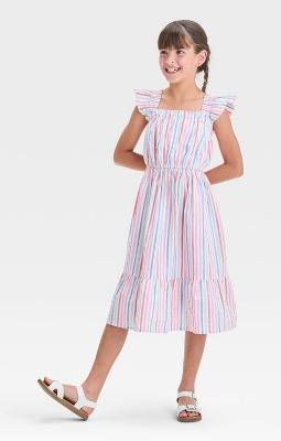 Girls' Striped Woven Midi Dress - Cat & Jack™ Cream L: Cotton, Metallic Fiber, Squareneck, Side Pocket