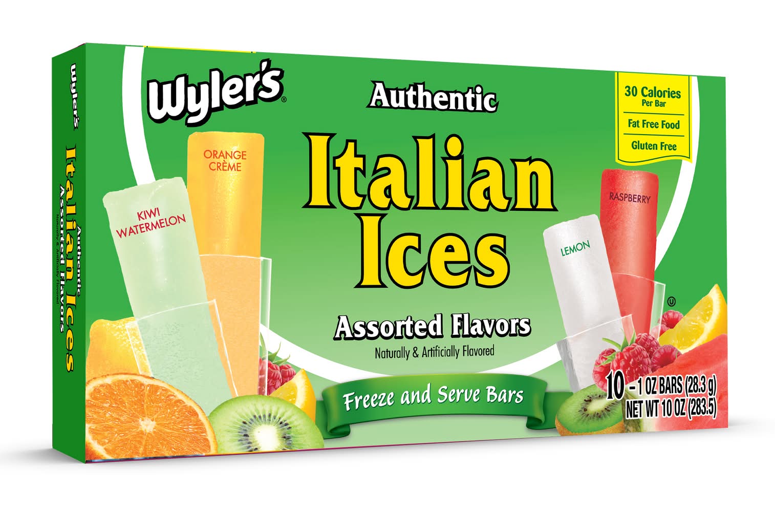 Wyler's Authentic Italian Ices Assorted Bars, Kiwi Watermelon-Orange Cream-Raspberry-Lemon (1 oz, 10 ct)