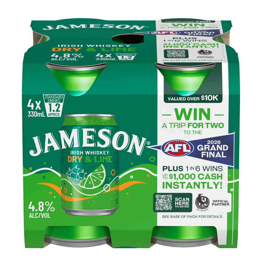 Jameson Irish Whiskey Dry & Lime Cocktail (4 x 330mL)