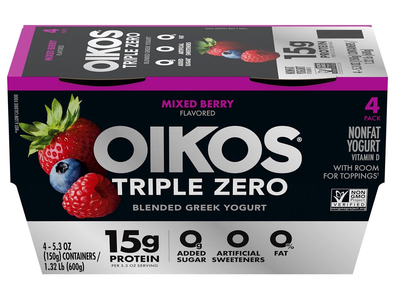 Oikos Triple Zero Nonfat Blended Greek Mixed Berry Flavored 4 Pack Yogurt