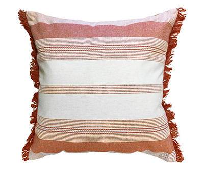 Kasoor Coral and White Stripe Fringe Accent Throw Pillow, Red