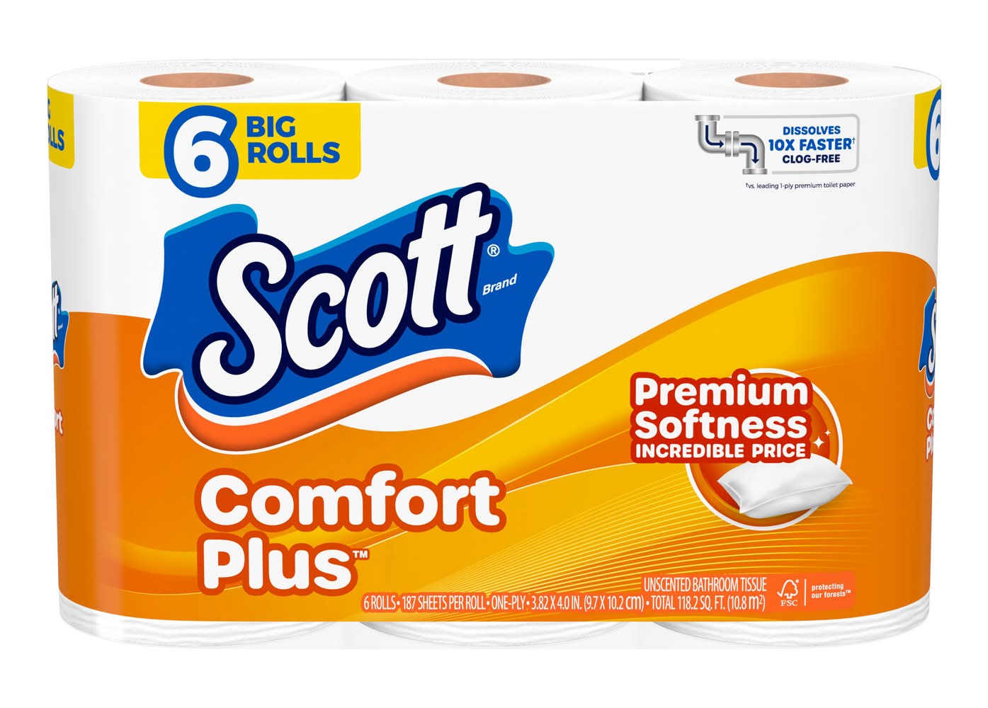 Scott Comfort Plus Premium Softness 1-ply Toilet Paper Big Rolls, 3.82x4.0 in (6 ct)