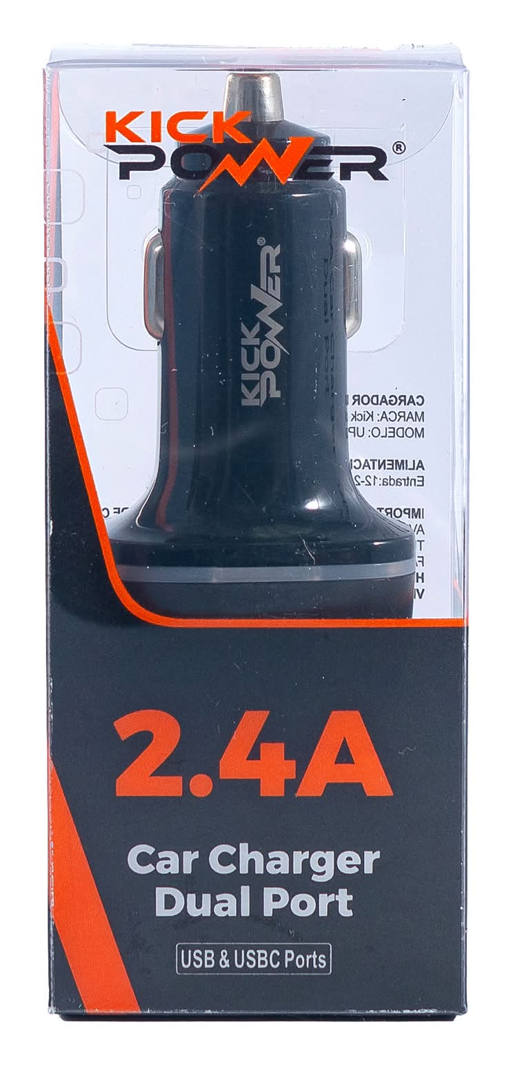 Kick Power · Cargador de auto doble puerto usb y usb-c de 2.4a