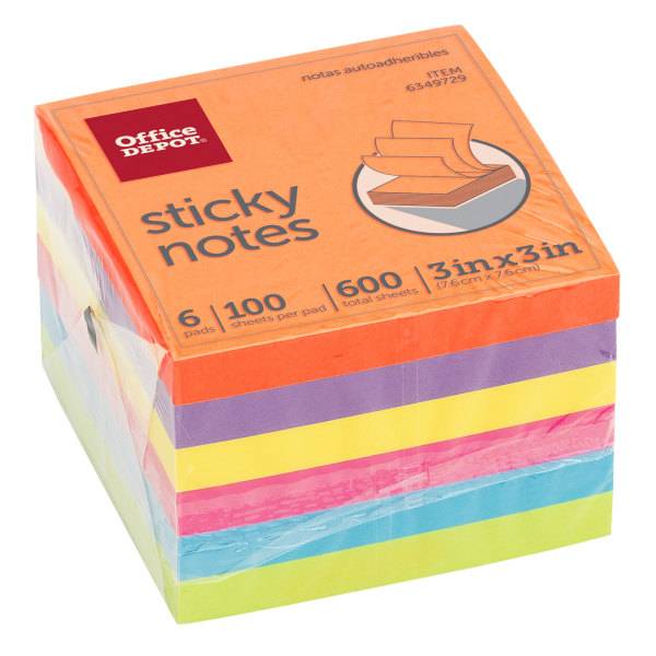 Office Depot Assorted Vivid Colors 3" x 3" Sticky Notes (6 ct)