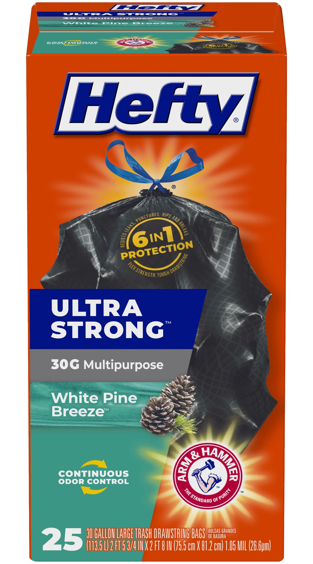 Hefty Ultra Strong Multipurpose Trash Drawstring Bags 30 Gal, White Pine Breeze, 75.5x81.2 cm, Black (25 ct)