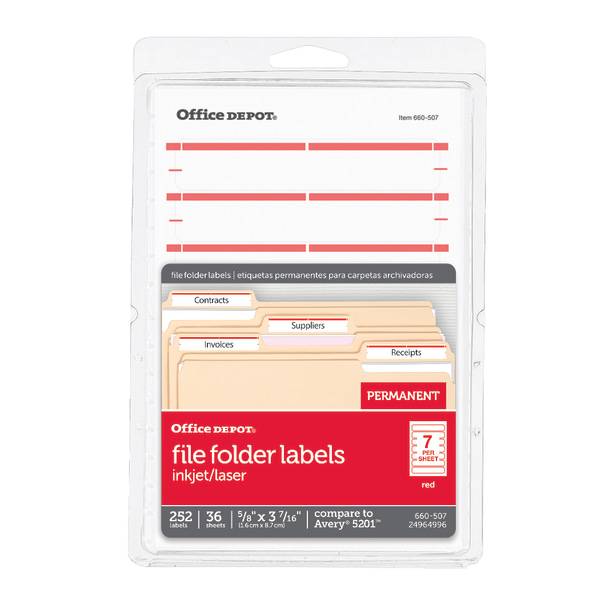 Office Depot Brand Print-Or-Write Color Permanent File Folder Labels, Dark Red
