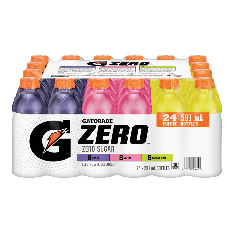 Gatorade Zero Sugar Electrolyte Beverage, Grape, Berry, Lemon-Lime (24 x 591 ml)