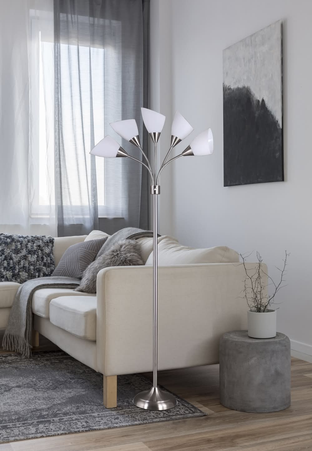 Style Selections 67-in Brushed Steel Multi-head Floor Lamp with Plastic Shade