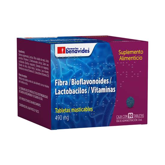 Farmacias benavides fibra/bioflavonoides/lactobacilos/vitaminas 490 mg (90 piezas)
