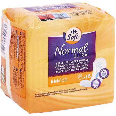 Serviettes hygiéniques Normal Ultra CARREFOUR SOFT - le paquet de 16