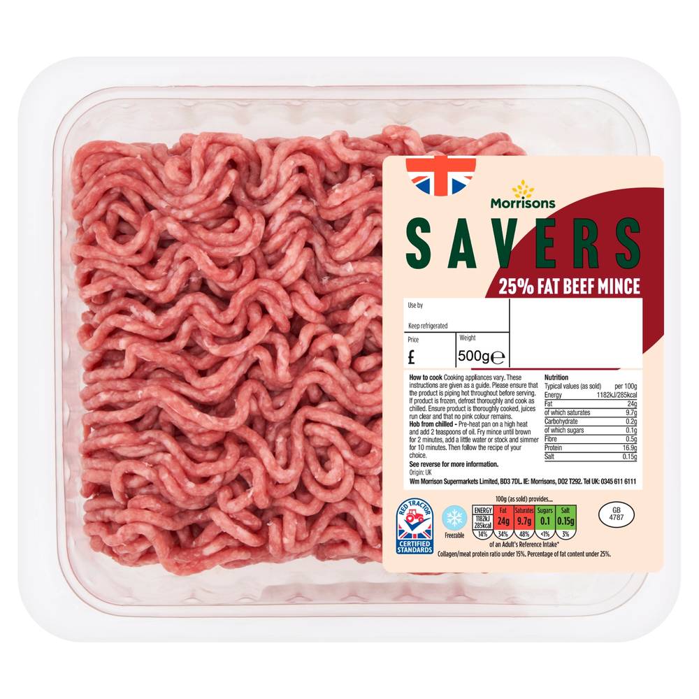 MORRISONS SAVERS 25% BEEF MINCE 500G