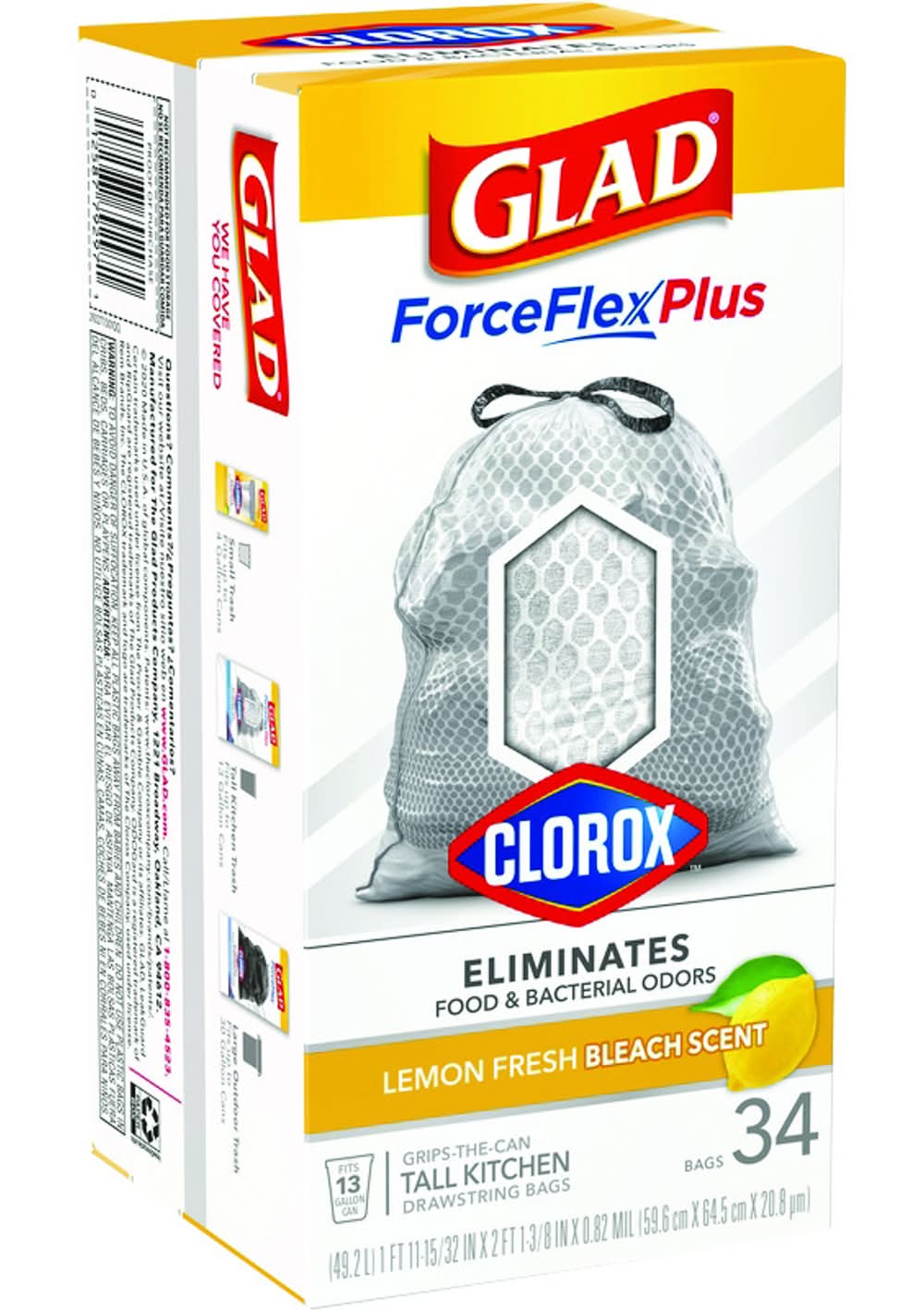 Glad Force Flex Plus 13 Gal Lemon Tall Kitchen Bags Drawstring 34 Pk