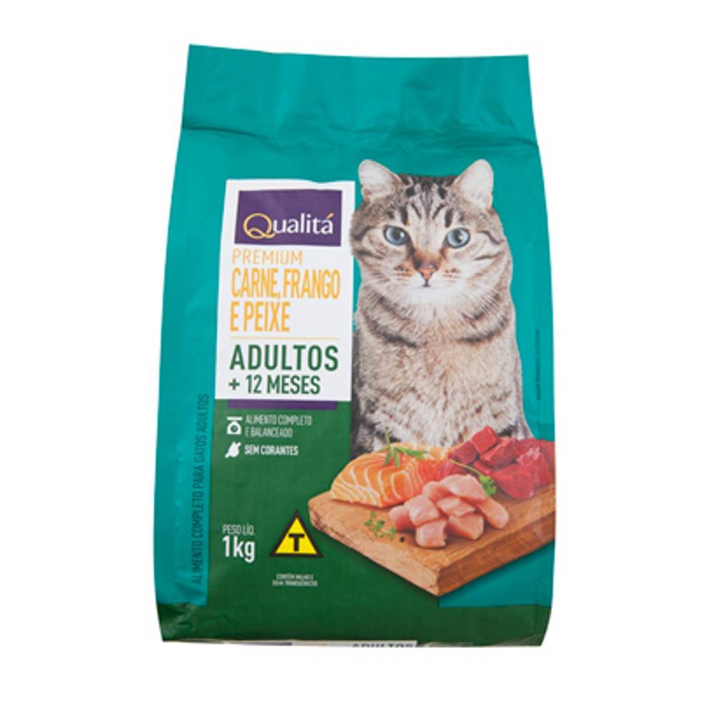 Qualitá ração para gatos adultos sabor peixe, carne e frango (1kg)