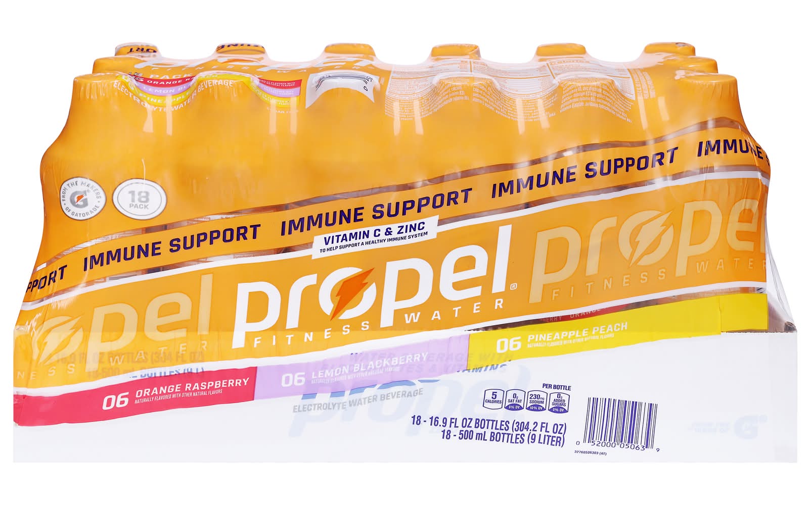 Propel Immune Support Electrolyte Fitness Water Variety pack, Orange Raspberry-Lemon Blackberry-Pineapple Peach (18 x 16.9 fl oz)