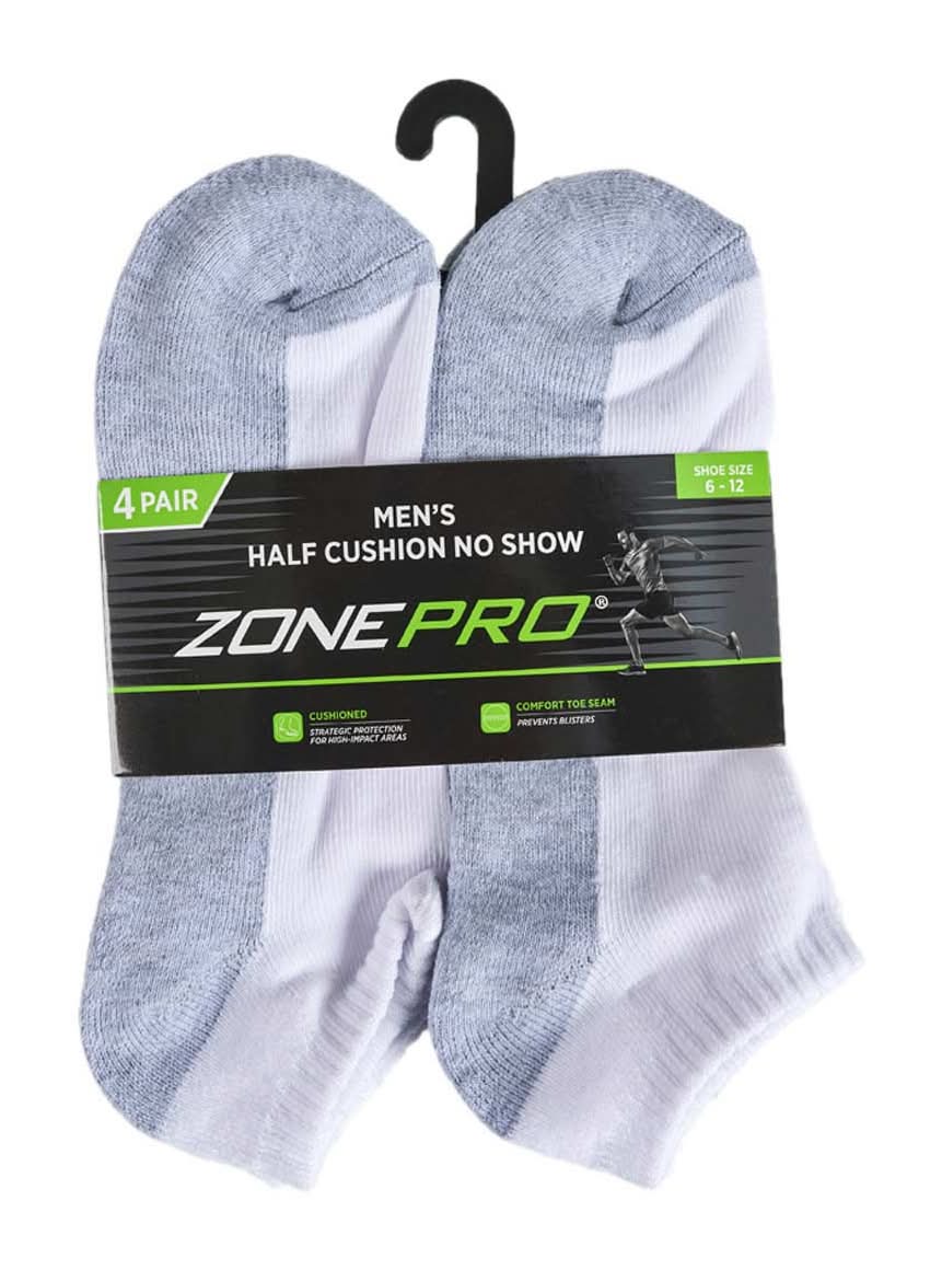 Zone Pro Men'S Half Cushion White No Show Socks 4 Ct