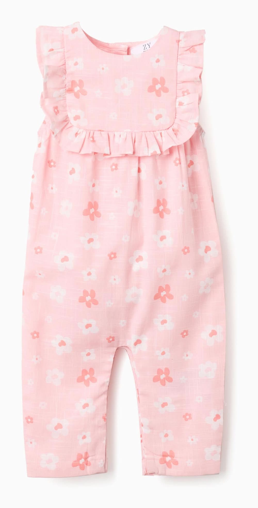 Macacão De Algodão Com Flores E Folhos Para Recém-Nascida, Rosa/Branco (Rosa Claro - 3/6M)