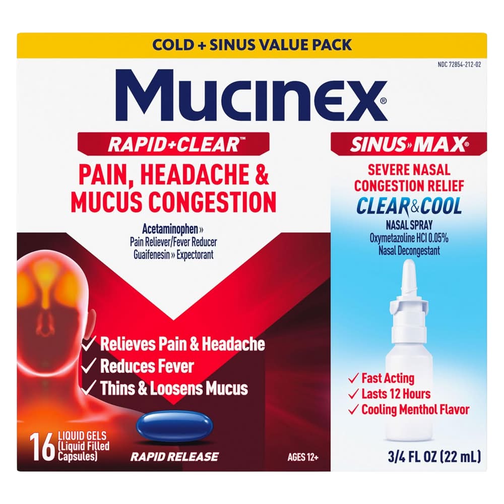 Mucinex Combo Rapid Clear Kit Liquid Gels & Sinus Max Nasal Spray 12+ Year (0.75 fl oz, 17 ct)