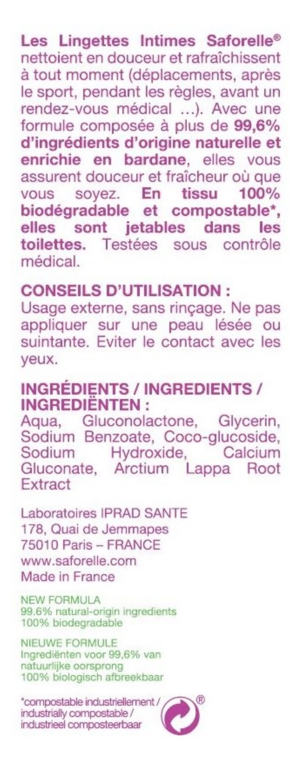 Saforelle - Lingettes intimes fraîcheur et douceur individuelles, female (77g)