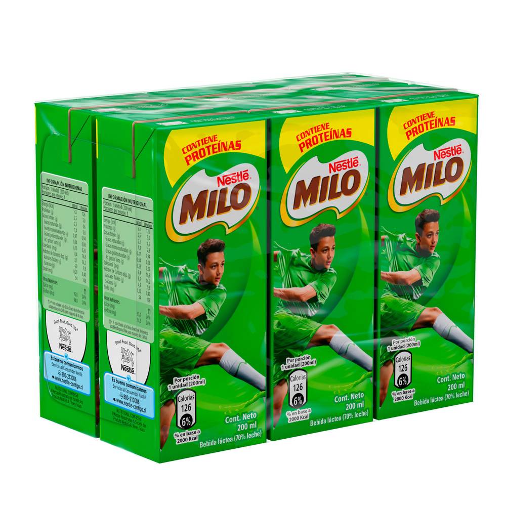 Milo pack leche fortificada chocolate (6 u x 200 ml c/u)