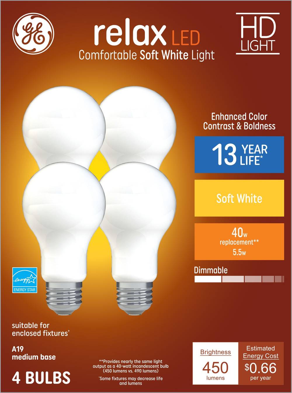 GE Relax 40-Watt EQ A19 Soft White Medium Base (e-26) Dimmable LED General Purpose Light Bulb (4-Pack) | 44858