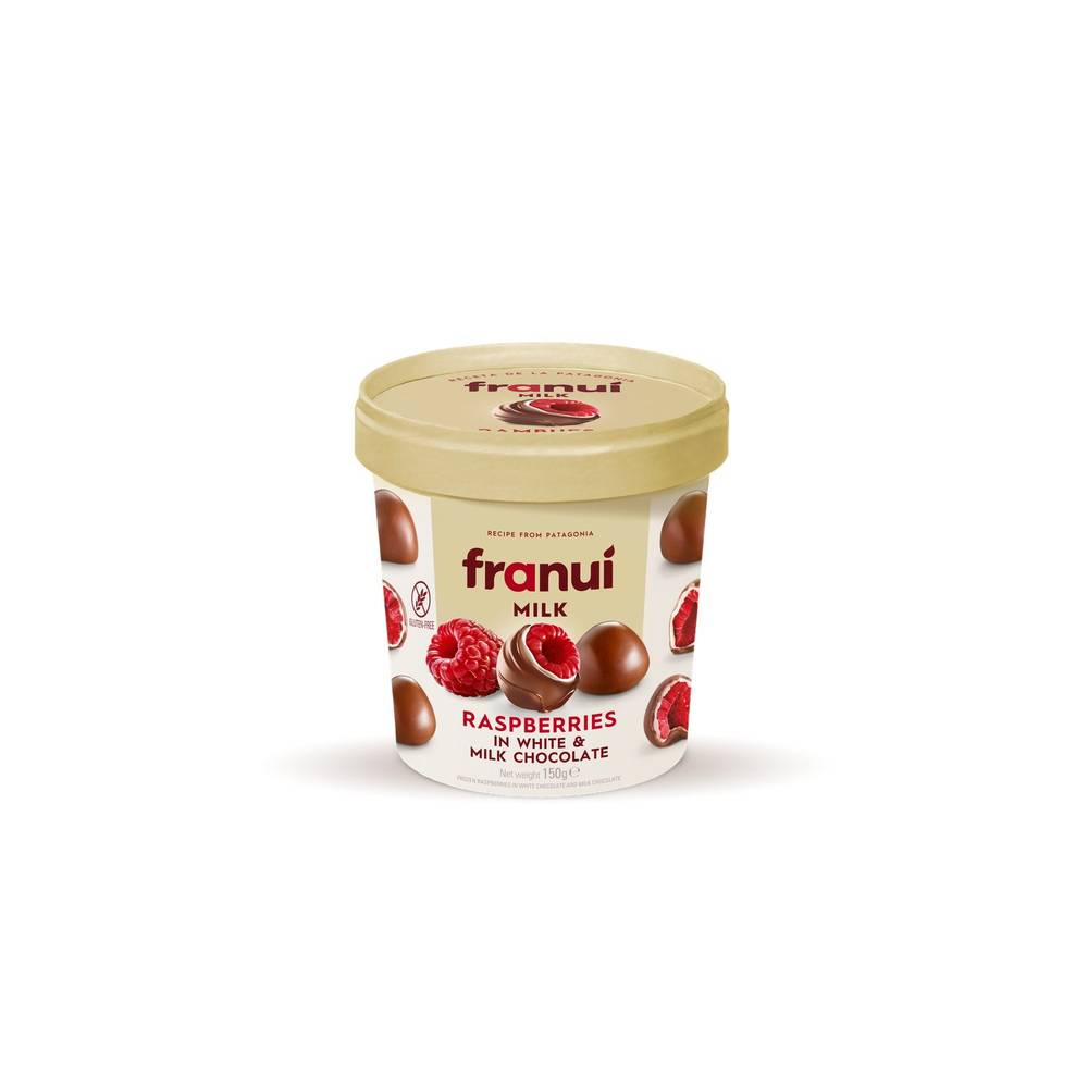 Franuí - Framboises enrobées au chocolat blanc et chocolat au lait (150g)