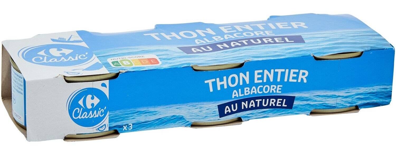 Thon entier Albacore au naturel CARREFOUR CLASSIC' - les 3 boites de 140g net égoutté